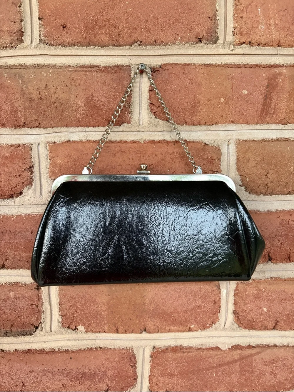 Vintage Black Patent Clutch with Silver Chain